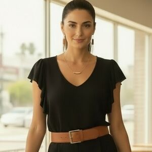 Lauren Ralph Lauren Black Ruffle Flutter Sleeve V-Neck Blouse Top Small